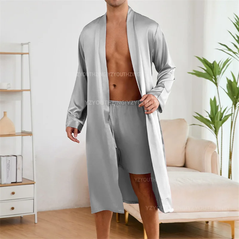 Сплошной цвет, комплект одежды для сна, мужская шелковистая атласная мужская ночная рубашка, свободный японский мужской пижамный комплект, новое летнее кимоно, шорты, пижамный костюм