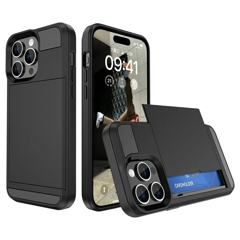 Phone Case for IPhone 16 15 14 Plus 13 12 11 Pro Max Wallet with Card Holder Slot Sliding Pocket Dual Layer Protective Cover