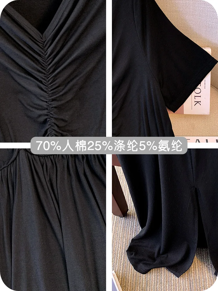 150Kg Plus Size Women's Bust 151 Summer Loose Simple Temperament V-Neck Pleated Dress Black 5XL 6XL 7XL 8XL 9XL