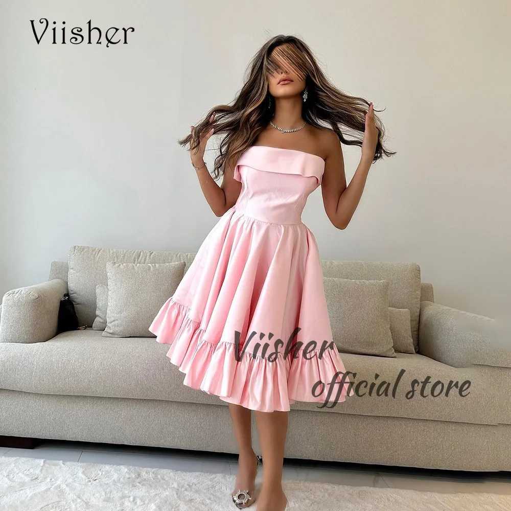 

Viisher Pink Satin Strapless Prom Party Dresses Pleats A Line Formal Evening Dress Tea Length Dubai Arabic Celebrate Event Dress