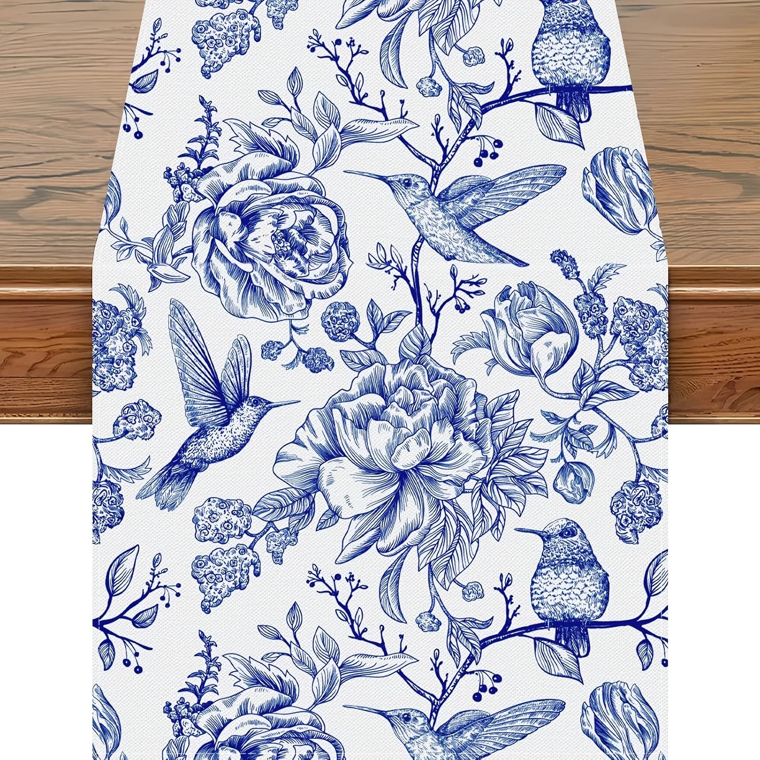 Blue White Florals Birds Monochrome Sketch Linen Table Runner Party Decor Retro Flowers Kitchen Dining Table Runners Table Decor