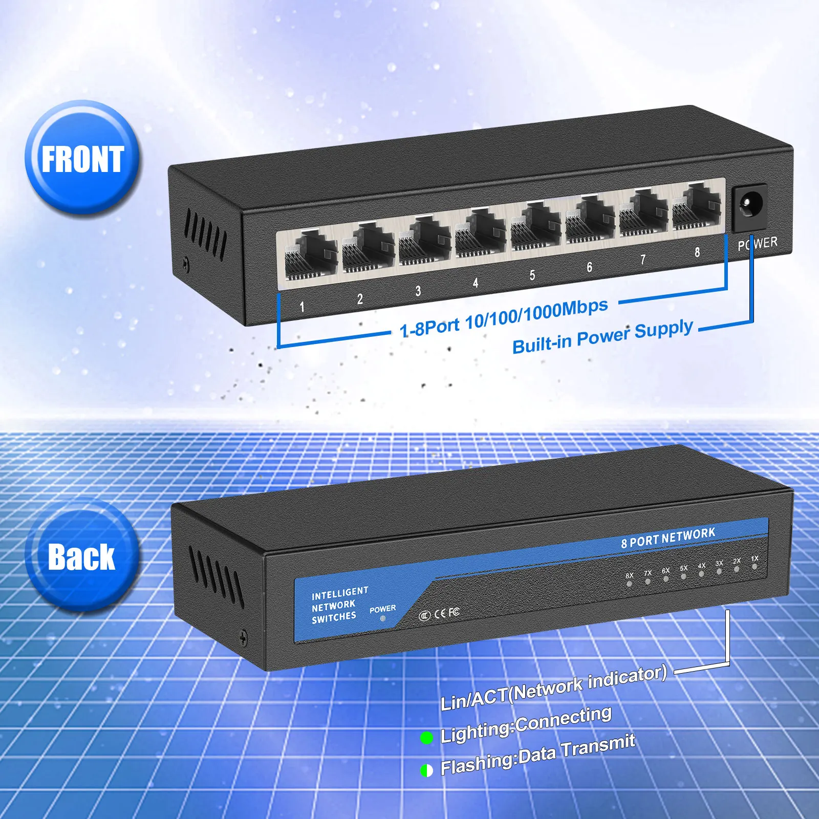 Gigabit Switch 8 Port 100/1000Mbps Network Switch Ethernet Switch RJ45 Plug and Play Networking Hub Internet Splitter Switcher