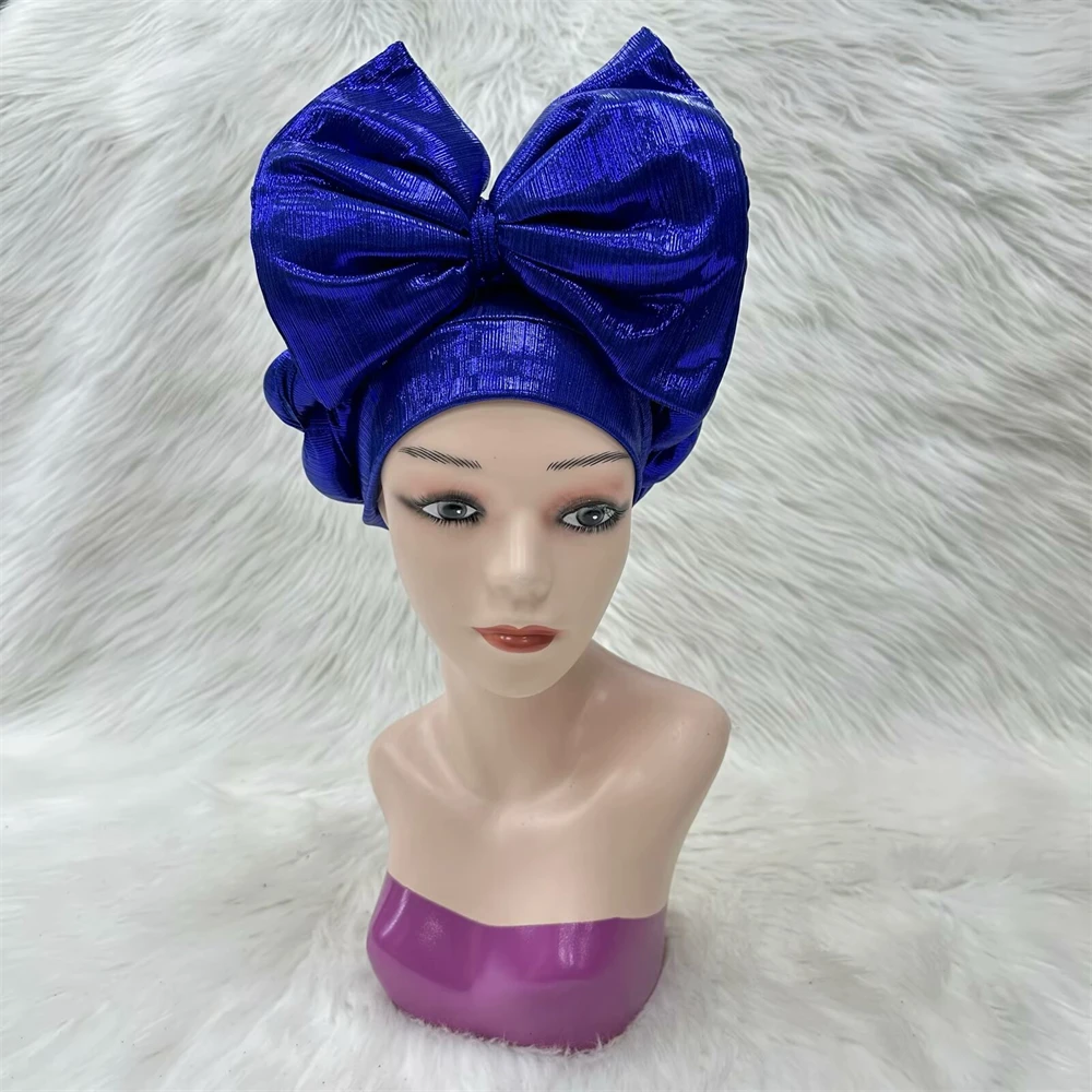 African Headtie Shiny Turban Royal Blue Turban Headband Hat Breathable Headwear Hair Accessories Nigeiran Turban