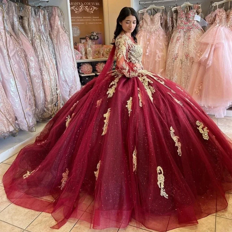 

ANGELSBRIDEP Sparkling Tulle Burgundy Ball Gown Quinceanera Dresses Gold Lace Long Sleeves Vestidos De 15 Anos Formal Princess