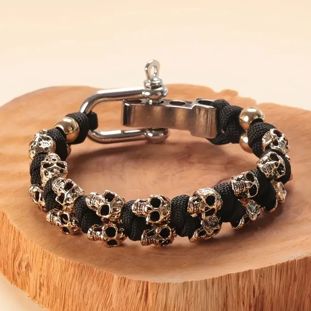 Gothic Adjustable Survival Bracelet Skull Paracord Bracelet Tactical Outdoor Skeleton Woven Handstring Jewelry Gift for Camping