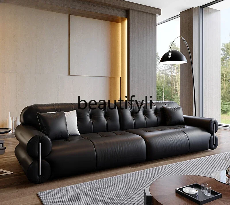 A71 Italian retro leather sofa black straight row first layer cowhide brown sugar cloud sofa