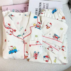 Cartoon Anime Hello Kitty Spring and Autumn Clouds Cotton Long Sleeved Pajamas for Girls Home Set School Dormitory Pajamas