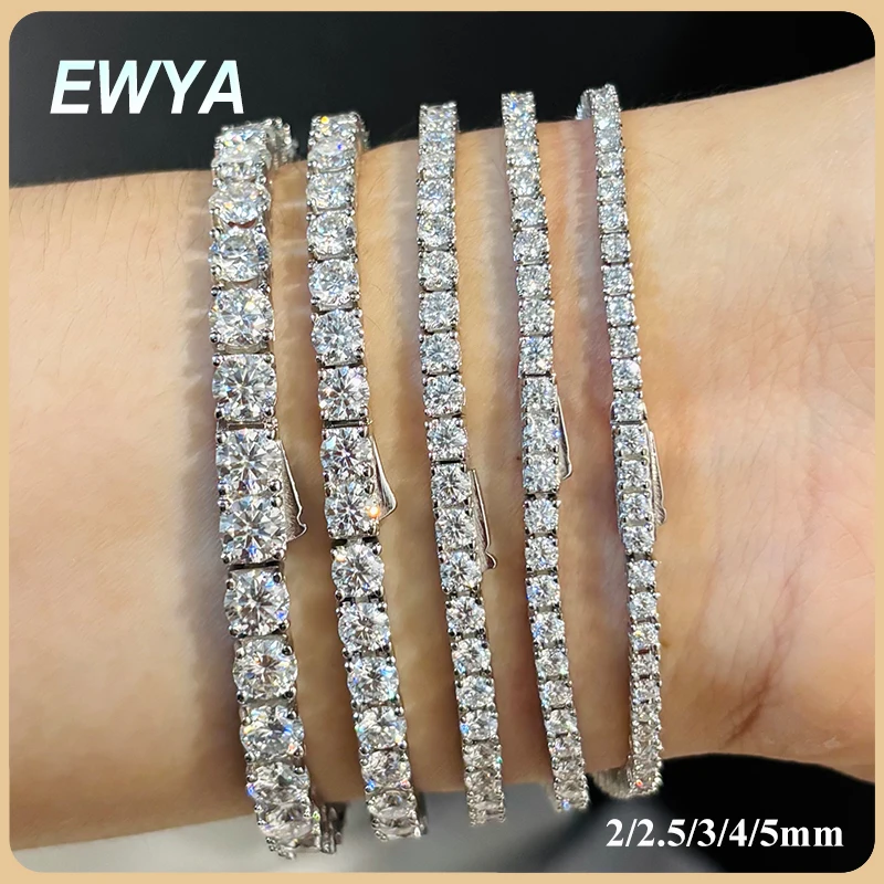 EWYA Hidden Spring Buckle Full Moissanite Tennis Bracelet D Color 2/2.5/3/4/5mm Lab Diamond Link Bracelets For Women Man Gift