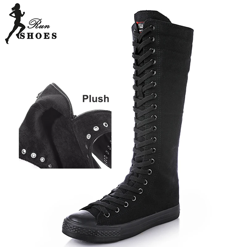 Black Plush Winter Women Shoes High Top Long Boots Lace-Up Zipper Flat Knee-High Punk Casual Canvas  Boots Sport Large Size 43