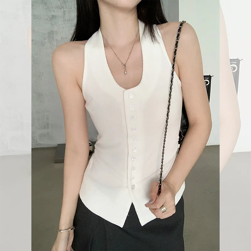

Белый топ без рукавов в корейском стиле для девочек, женский летний потрясающий наряд 202, топ на пуговицах с лямкой на шее, утягивающая майка