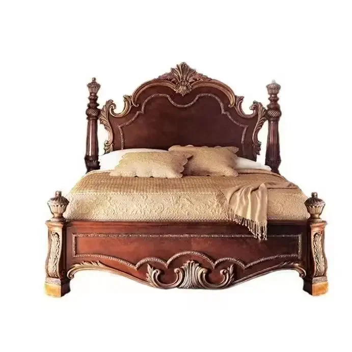 Furniture rustic, solid wood carving flower double bed