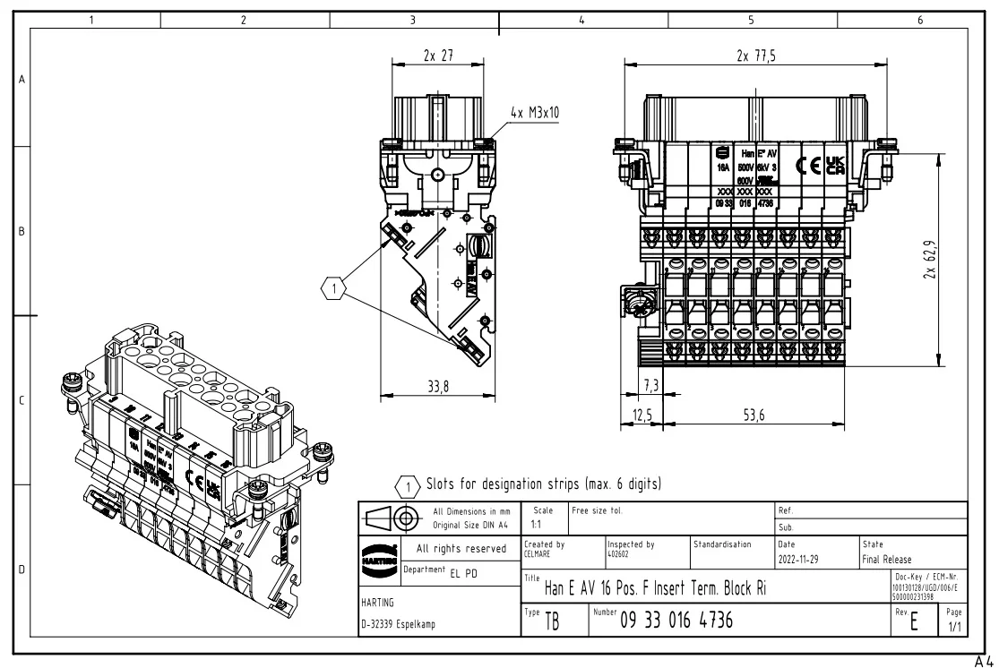 09330164736 HARTING 16A16-pin female ferrule terminal connector bolt wiring