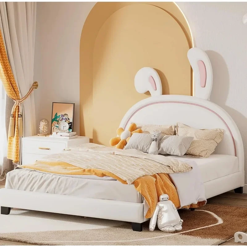 

Upholstered PU Leather Kids Bed Frame with Rabbit Ornament, Sturdy Wooden Slatted Support, Cute Platform Design