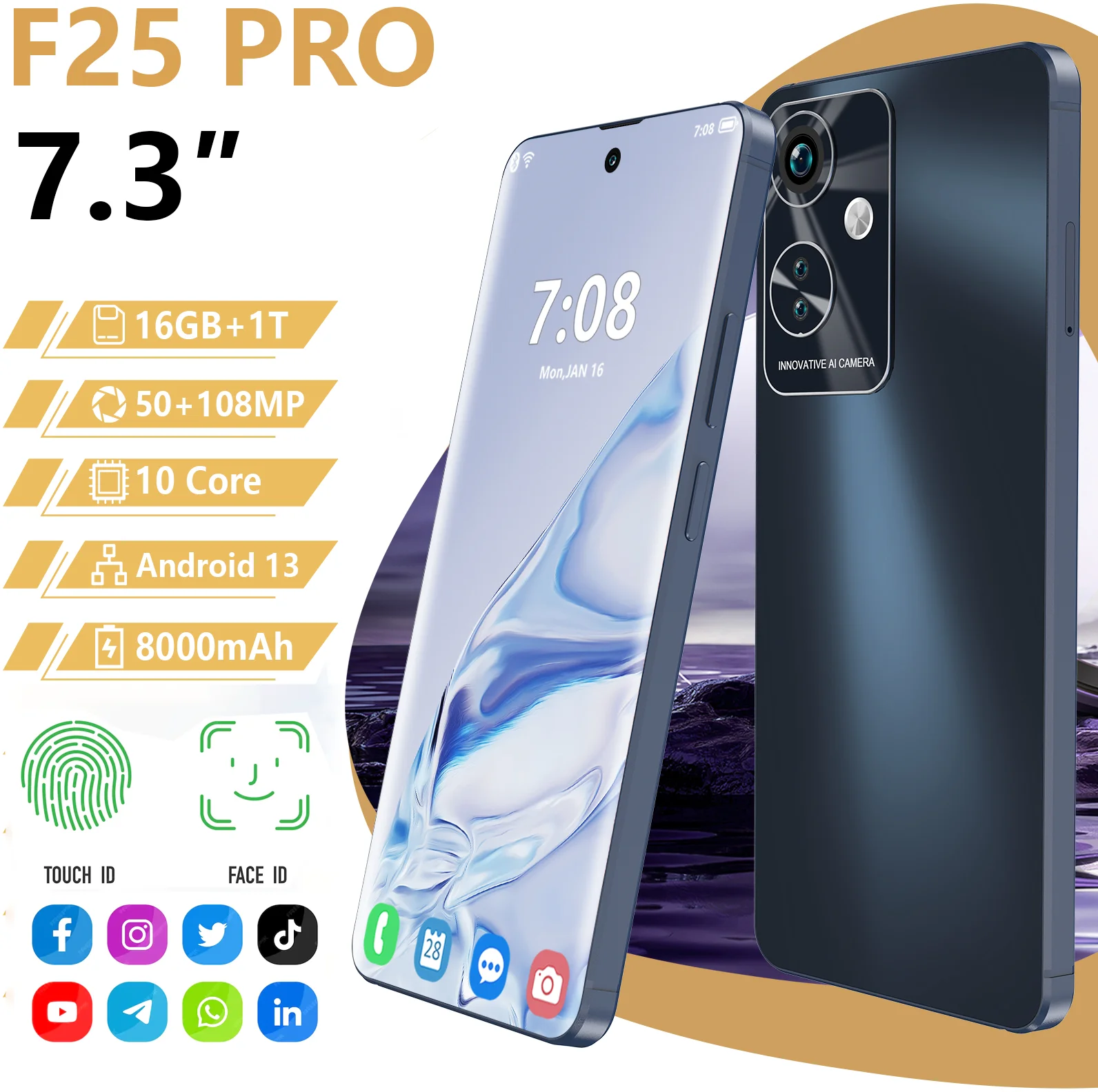 

F25 PRO 5G smartphones android Global Version 7.3HD Screen 16G + 1T 8000Mah Android13 60MP+100MP cheap phones free shipping