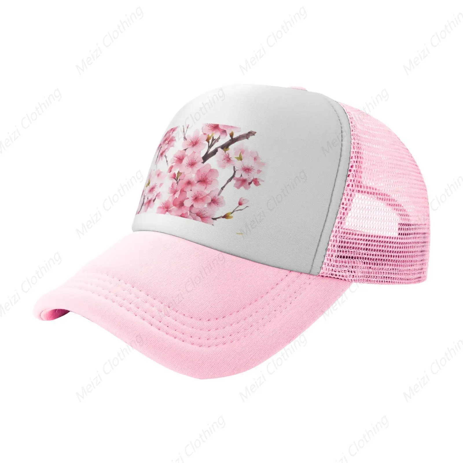 

Cherry blossom printed truck hat for men and women outdoor sports baseball cap breathable mesh sunshade adjustable hat