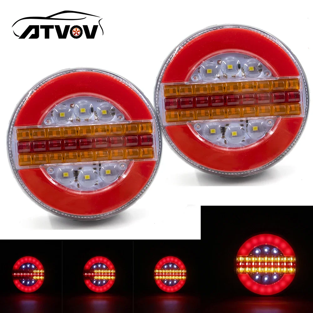 ATVOV 1/2/4pcs 12V 24V Truck Trailer LED Round Rear Tail Light Dynamic Flashing Flow Trun Signal Reverse Brake Stop Lamp Lorry