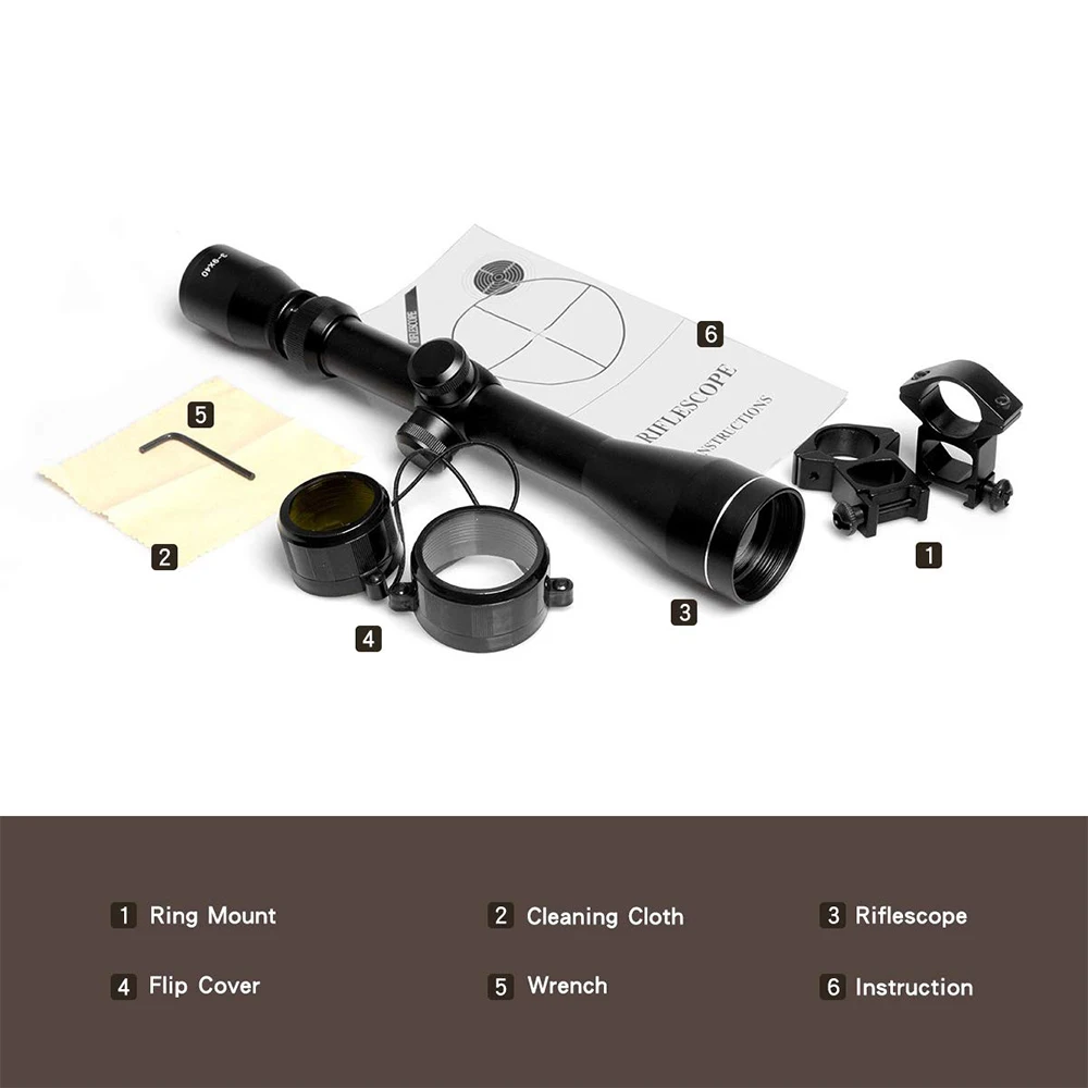 3-9x40 Rifle Scope Optics R4 Reticle Crosshair Tactical Hunting Sniper with Mounts