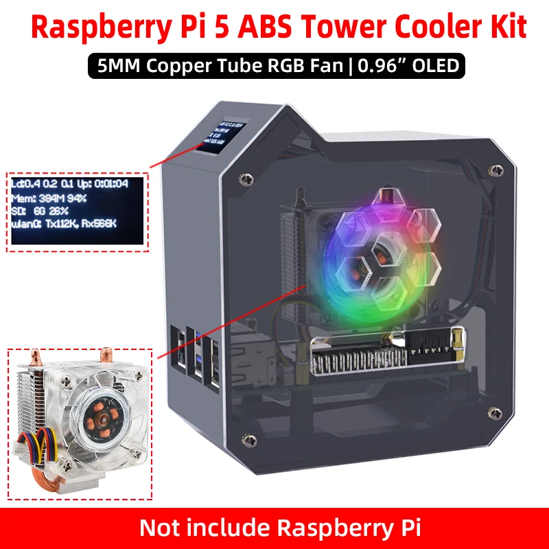 

Вентилятор Raspberry Pi 5 Ice Tower с медной трубкой 5 мм, рассеиванием тепла, светодиодной подсветкой RGB + корпус из АБС-пластика + 0,96-дюймовый OLED-дисплей для RPI5 Pi