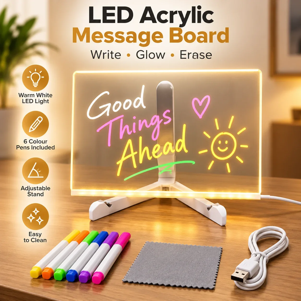 LED Acrylic Message Board Night Light, USB Rewritable Memo Board Lamp with Color Pens, Kids Drawing Bedside Lamp for Bar Cafe Gift Decor