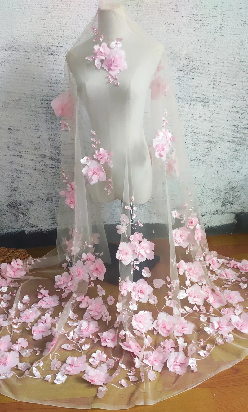 Blue/Pink color Chiffon Beaded Lace Fabric,Stereo 3D Flower Wedding Dress DIY sewing accessories,patchwork cloth