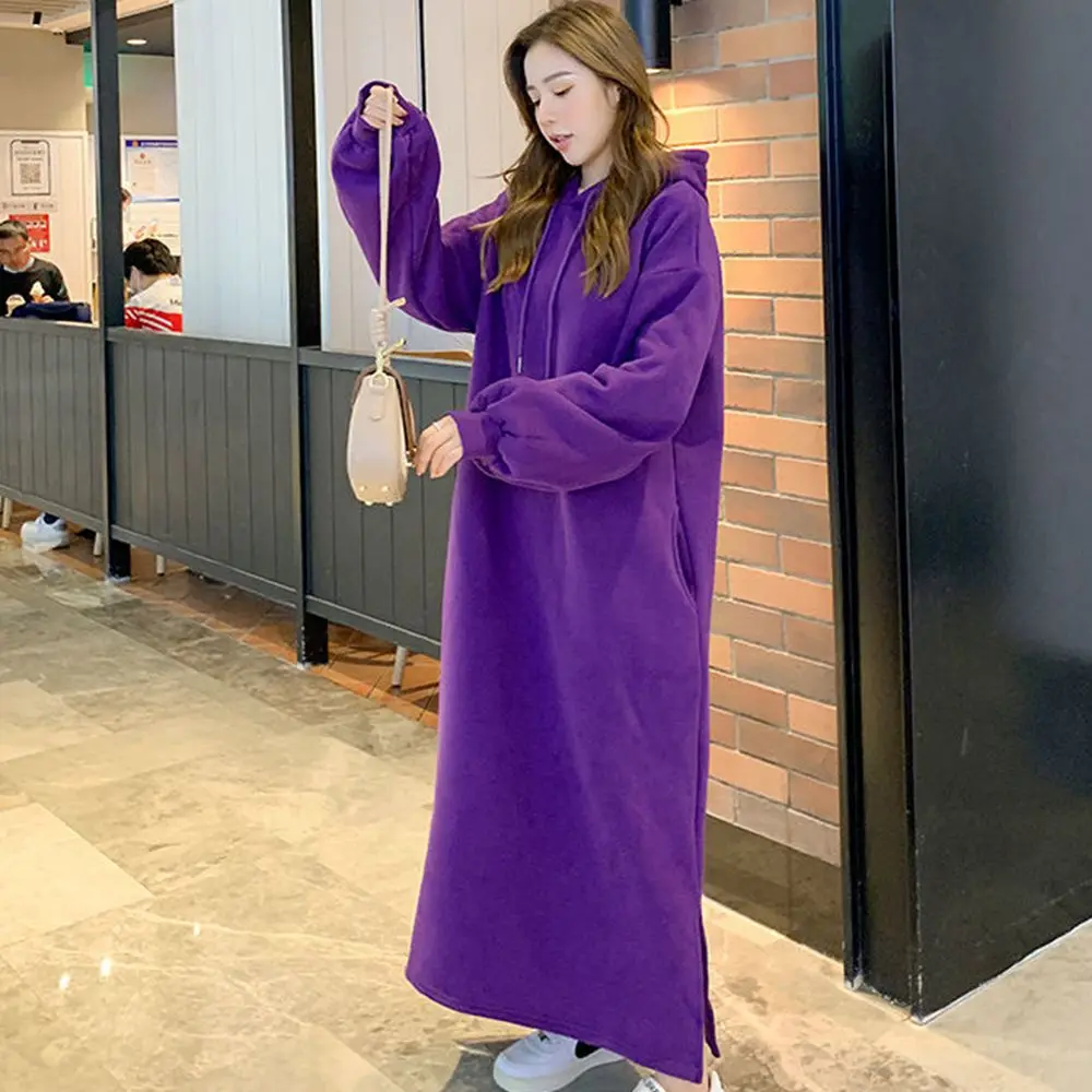 Plus Size 4XL 140KG Winter Women Fleece Dress Casual Long Dresses Hooded Long Sleeve Solid Color Warm Maxi Dresses