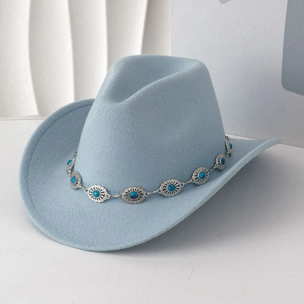 Turquoise Cowboy Hat Metal Chain Decor High Crown Felt Fedora Hat Unisex Wide Curved Brim Wide Brim Hat for Party Travel Costume