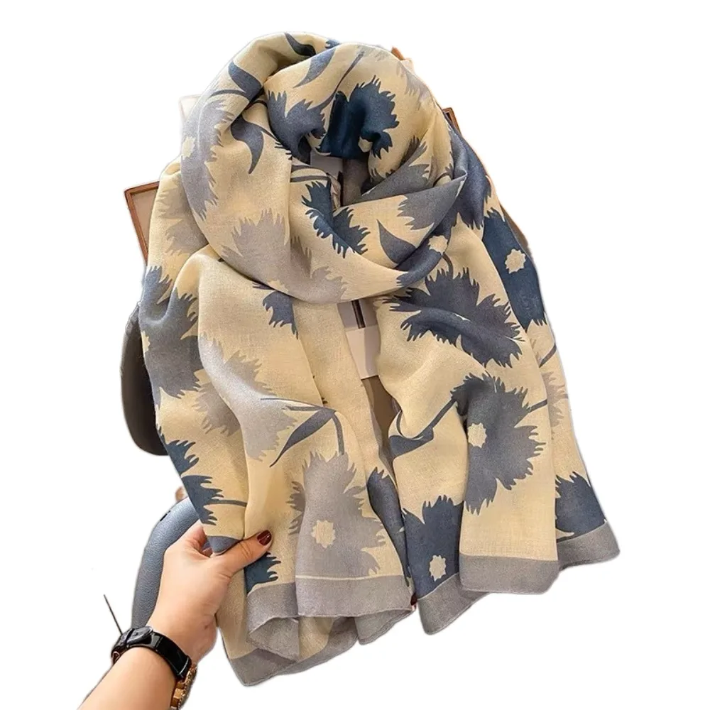 

Тонкий корейский стиль, шарф с цветочным принтом, шали из хлопка и льна, элегантный роскошный шелковый шарф, мягкий женский хиджаб с цветочным принтом, пляжные шали