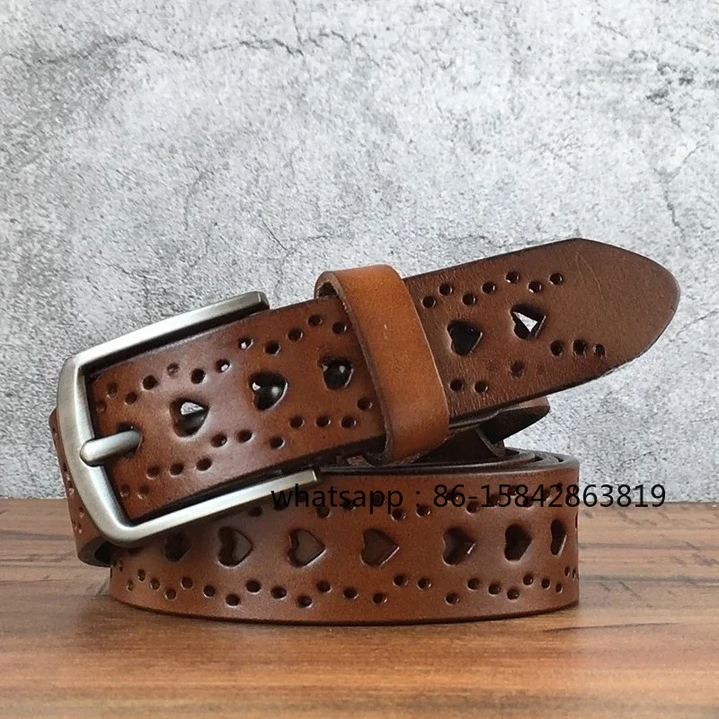 

Pure Cowhide Belt for Women, No Punching Brown Paired with Jeans Genuine Leather Retro Fashion Versatile Hollow Decoration Belt