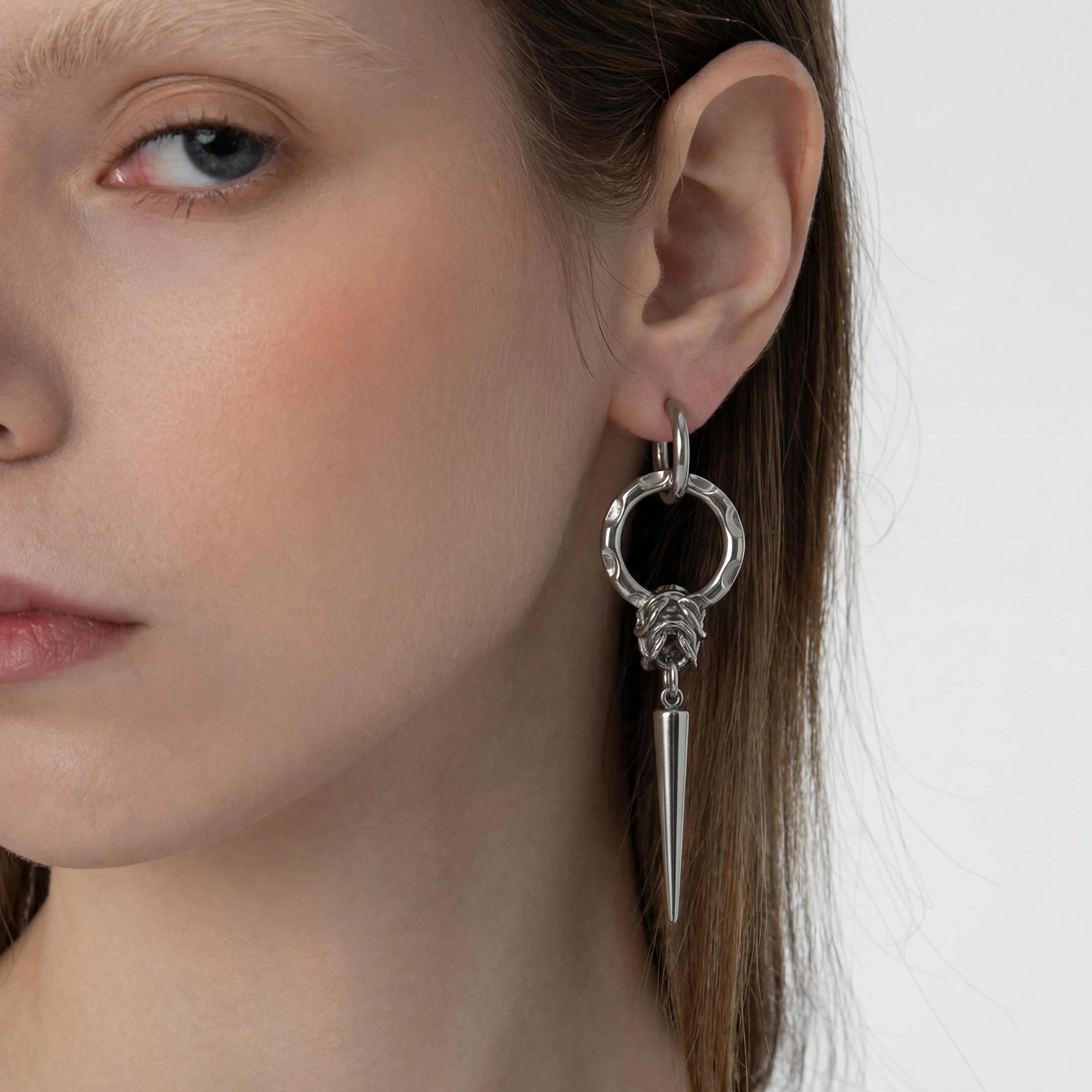 Punk Double Circle Spike Dangle Hoop Earrings Stainless Steel Twisted Chain Rivet Drop Huggies Gothic Grunge Long Ear Jewelry
