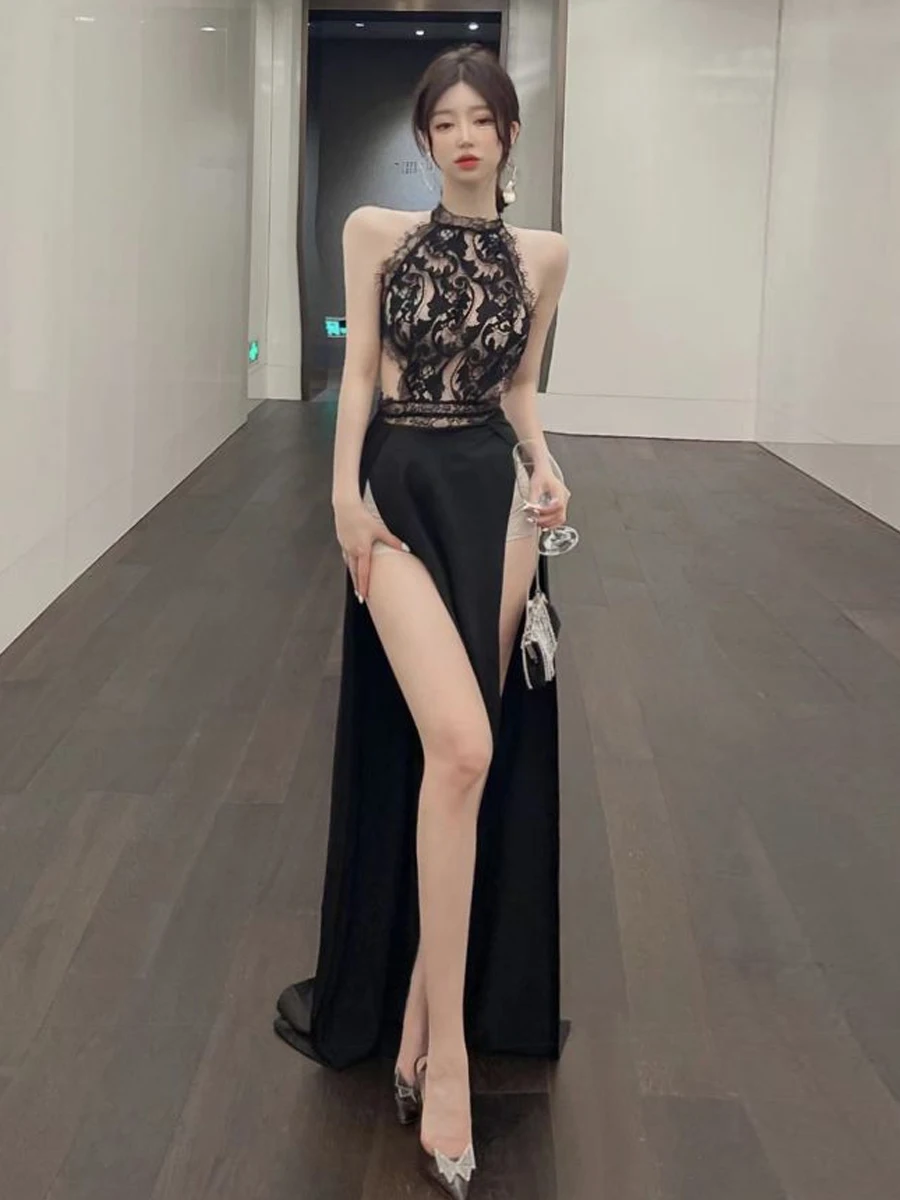 

Сексуальное бальное кружево, прозрачное длинное вечернее платье с высоким разрезом для женщин, облегающее вечернее платье