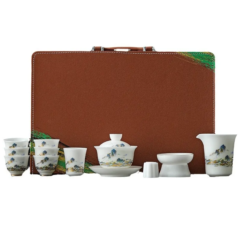 

Vegetarian tea set Business high-end household Kung Fu tea set Guochao Qianli Jiangshan teapot cover bowl set