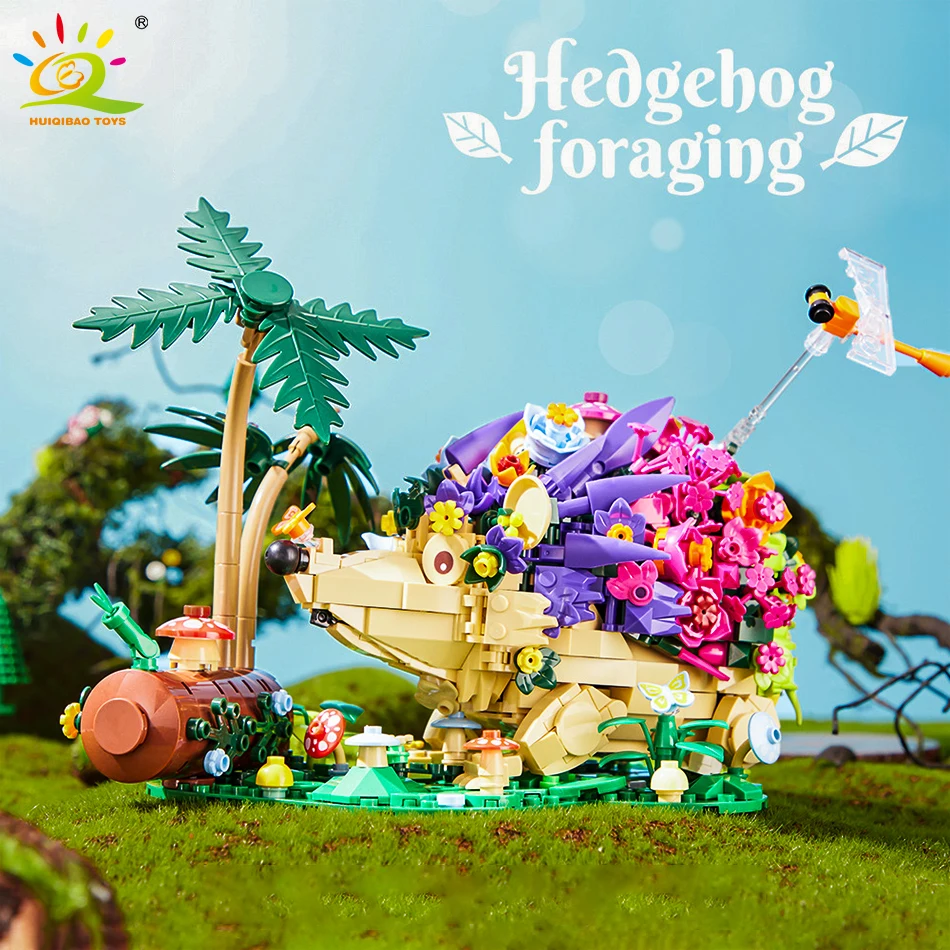 HUIQIBAO Moc Flower Hedgeho Model Building Block Fly Bee Animals Decoration City Construction Toy Adult Kids Desk Home Decor.