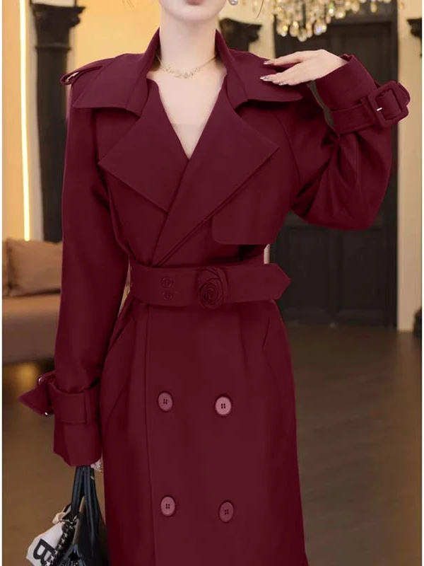 Pasek wyszczuplający talię, dopasowany płaszcz damski, elegancki, długi, średniej długości, zapinany na jeden guzik, kolor TX083
