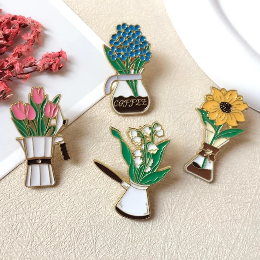 الزهور والقهوة المينا دبوس/شارة عشاق القهوة/دبوس التلبيب/دبوس طوق/مجموعة دبوس المينا مضحك/هدية عيد ميلاد لها/له