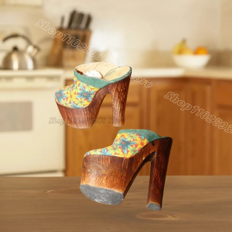 Flower Pattern Slip on Slippers Round Toe Chunky Heels British Style Women Summer Casual Party Slippers 2026 Zapatos Para Mujere