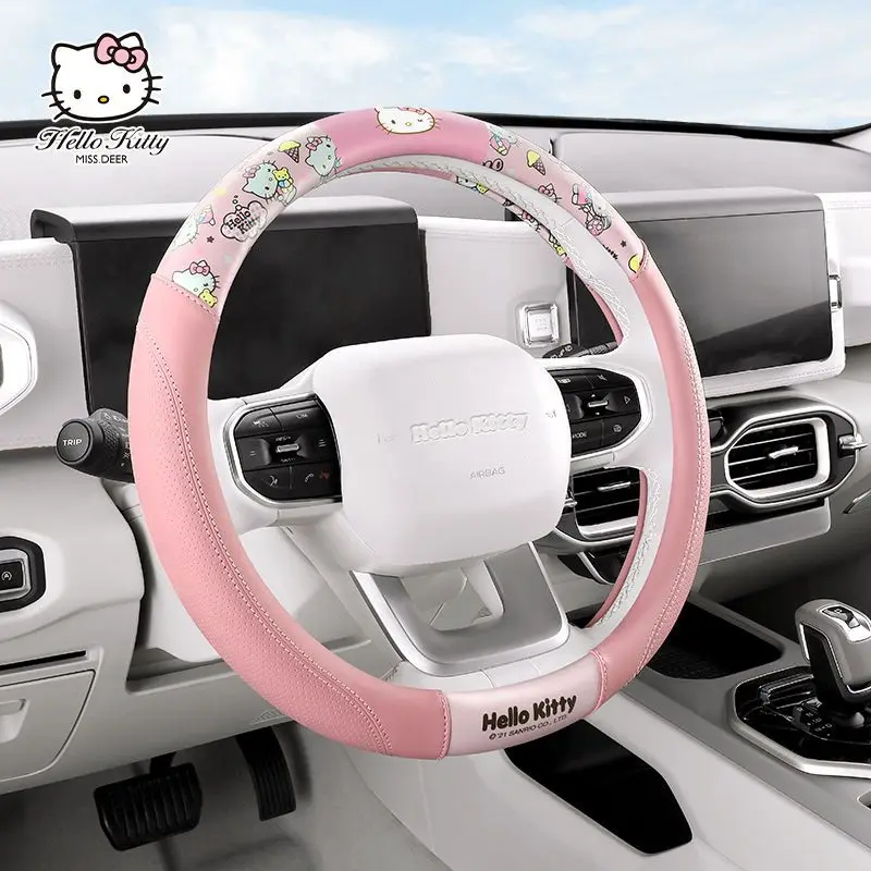 

Sanrio Kawaii Hello Kitty Anime Car Steering Wheel Cover Leather Suitable for 37-38Cm Anti-Slip Steering Hood Car Decoration Hot