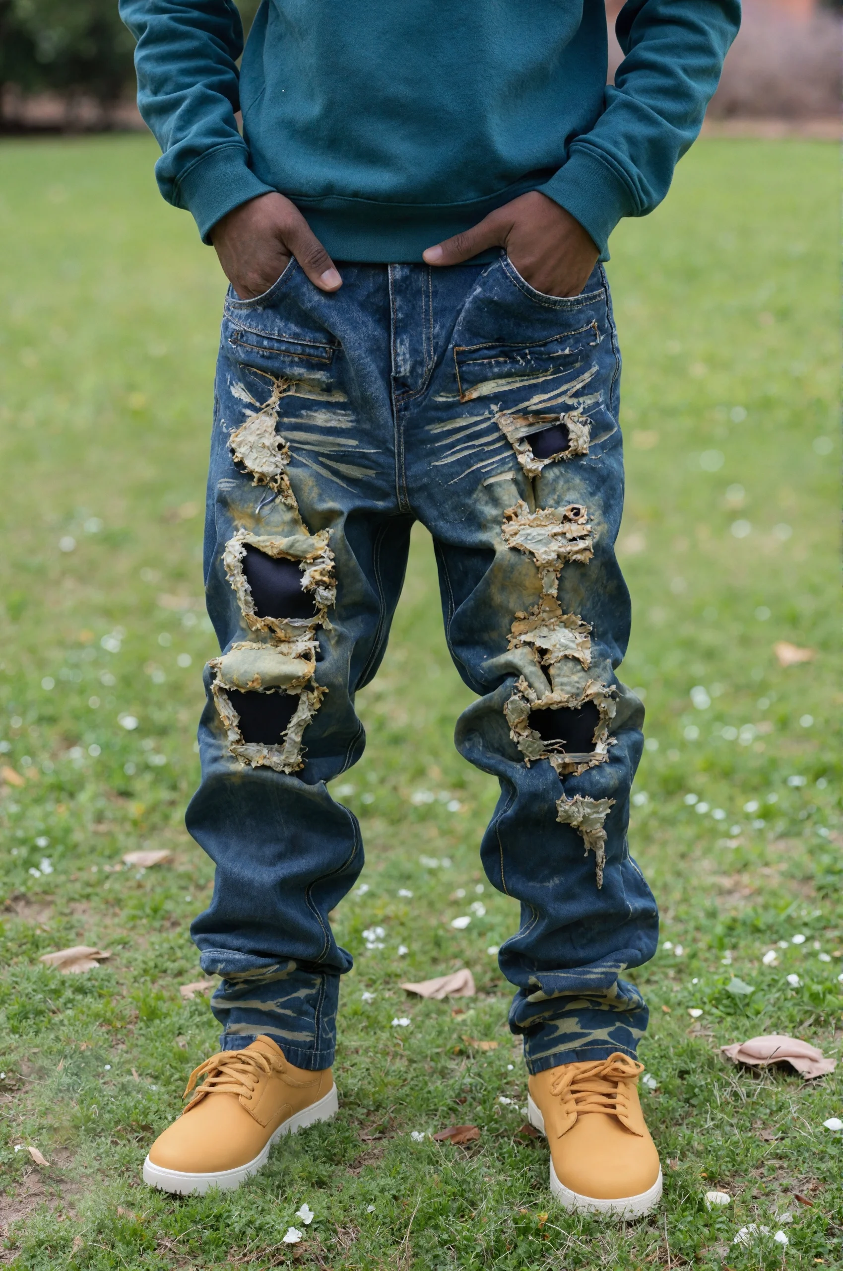 Plus-size Dark Street Style Ripped Jeans, Gradient Wash, Men's Extra Loose Trendy Pants