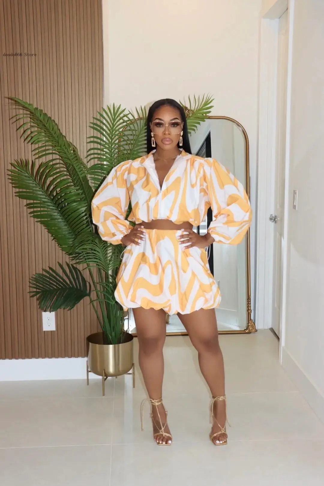 Summer Sporty Street Two 2 Piece Sets Outfits Women's Set Full Puff Sleeve Striped Print Coats Short Skirts