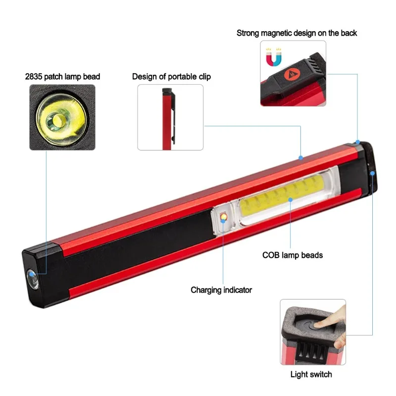 Portable 5 Mode COB LED Flashlight Magnetic Work Lamp USB Rechargeable Inspection Light with Red / White Light for Camping