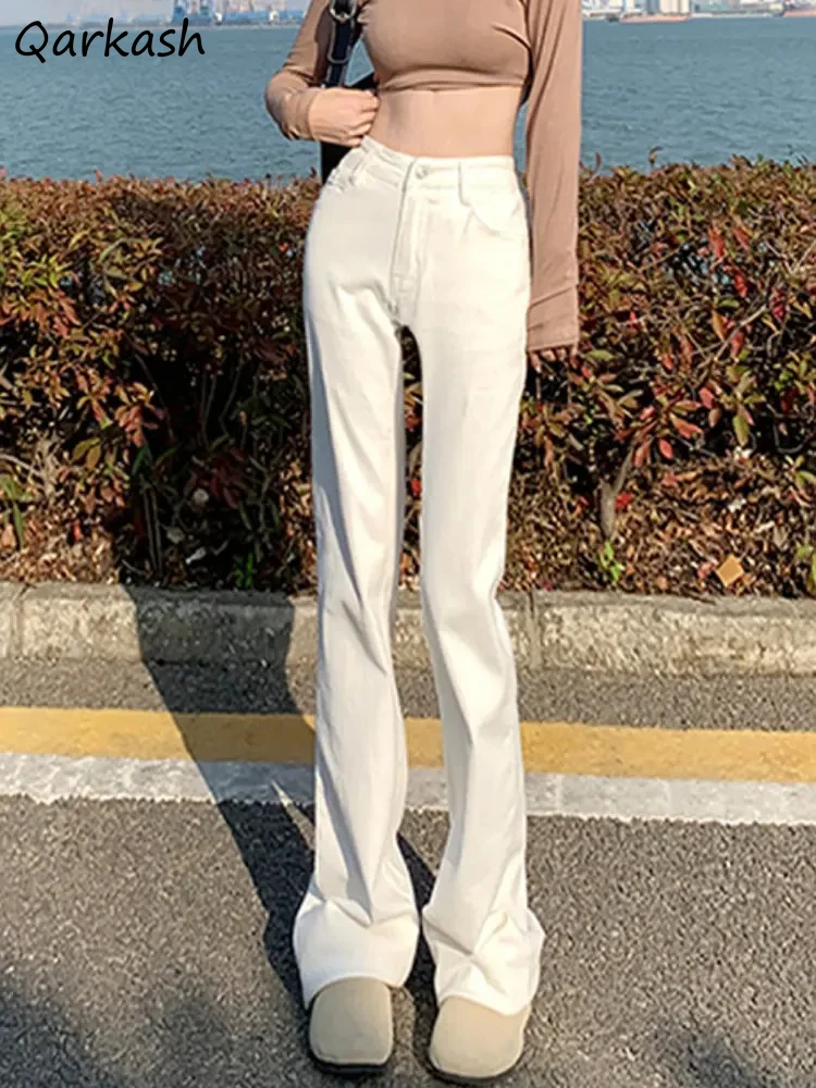 White Flare Jeans Women Hotsweet Skinny Korean Style Chic Streetwear Fashion Casual Minimalist Schoolgirls Full Length Trousers