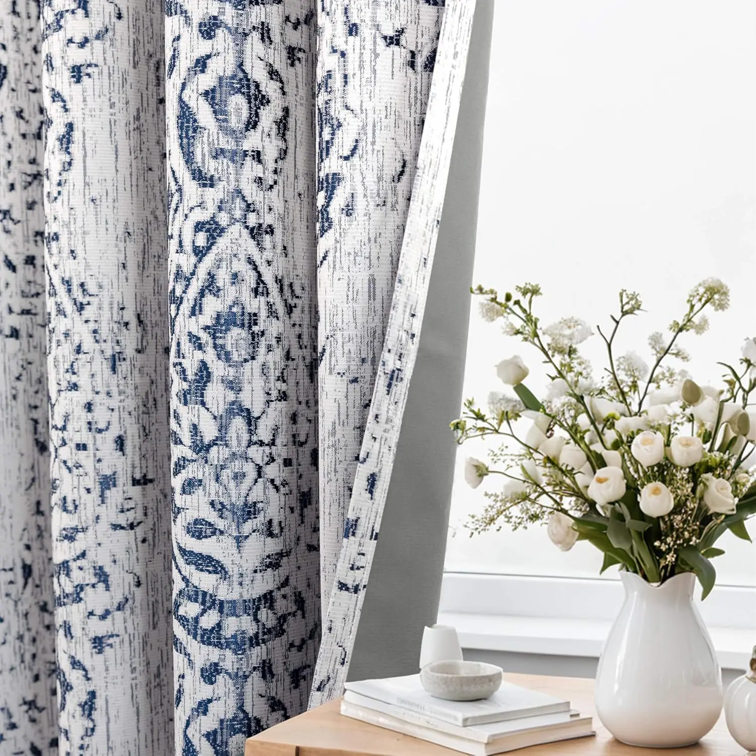 

Patterned Curtains For Living Room,84 Inch Length 2 Panel Set Blackout Damask Medallion Chinoiserie Pattern Print Textured