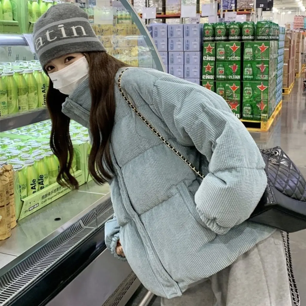 

Korean Retro Corduroy Cotton Jacket for Women Winter Thick Warm Puffer Coat Loose Fit Petite Style