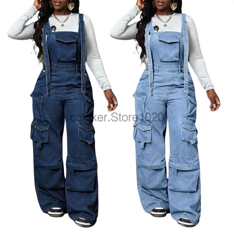 Fashion Jumpsuit for Women Pocket Patchwork Denim Spaghetti Strap Loose Wide-leg Rompers Female Streetwear Jeans Casual Outfits