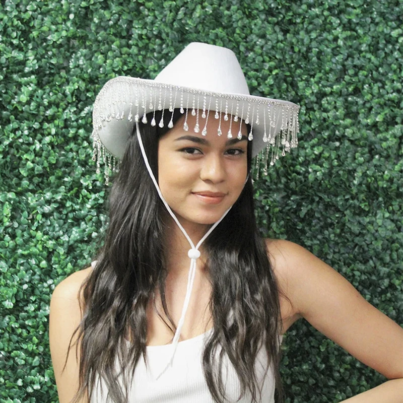 Chapeau de cowboy avec pompon pour femme, frange en biscuits, chapeau de cow-girl occidental, robe de soirée solide en cristal, chapeaux de mariée, chapeau haut de forme à la mode