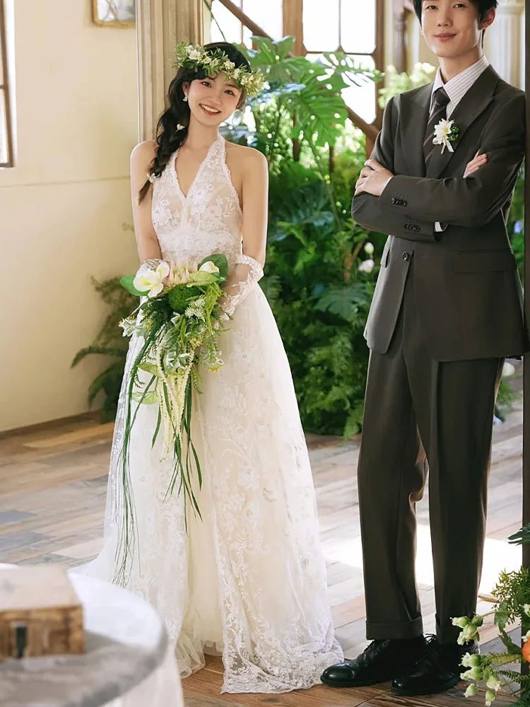 

Элегантное свадебное платье с бретелями для помолвки и свадебной церемонии, легкое, роскошное, женское, модное, кружевное, с длинной юбкой