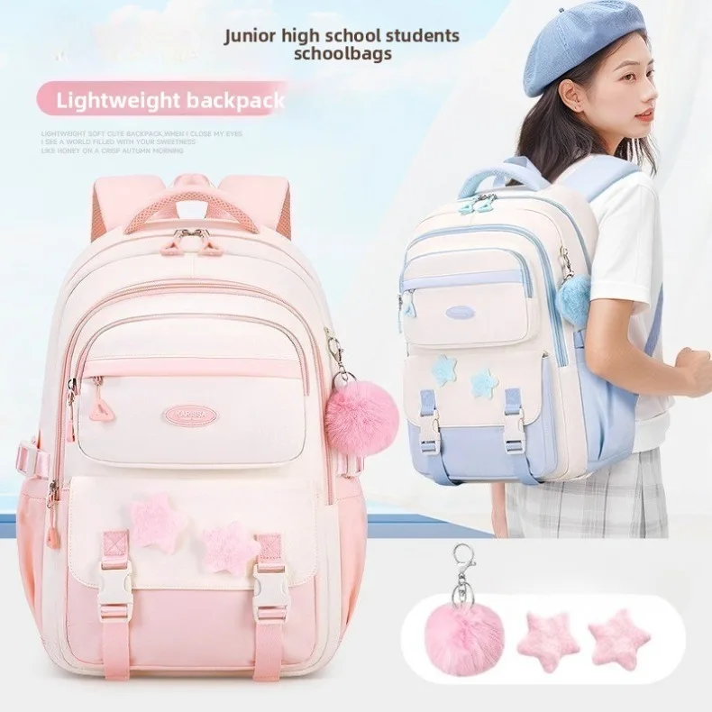 Primary Middle School Backpack for Girls Cute Backpack for School Pink School Bag for Teen Girls with Star Pins Furry Pendant