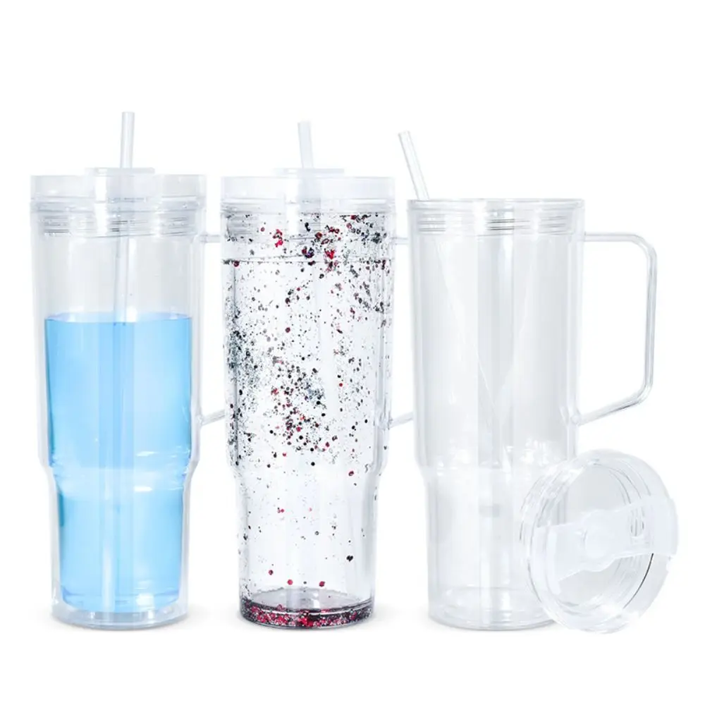 

40 oz Capacity Snowglobe Tumbler Pre-Drilled Holes with Handle Plastic Clear Cups Transparent DIY Glitter Snow Globe Drinkware