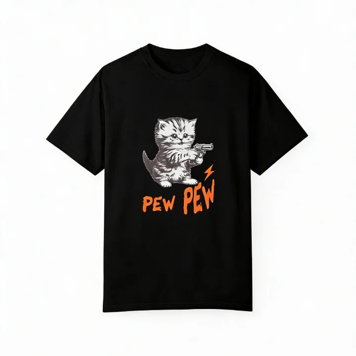 

Simple PEWPEW Short Sleeved Shirt Cute Cat Lady Round Neck Short Sleeved Shirt Black White Loose and Comfortable Home Clothes