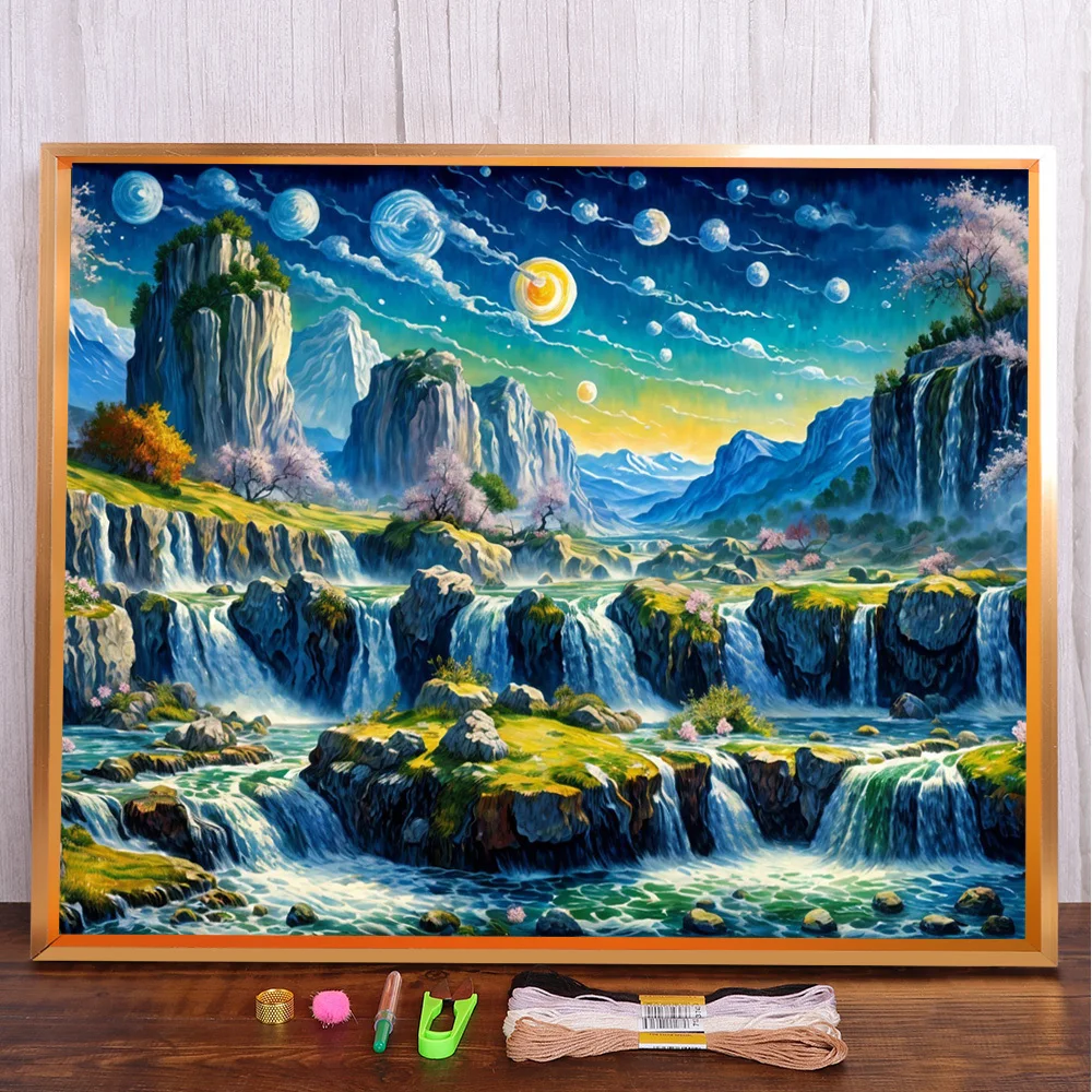 Landscape Waterfall Cross-Stitch Full Kit DIY Embroidery Handicraft Knitting Needlework Sewing Room Decor Design Wholesale