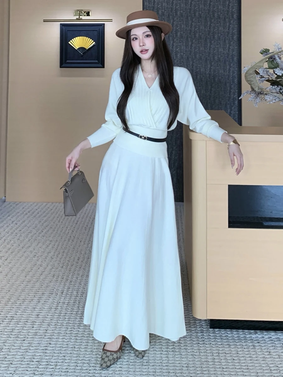 Slimming High Waist Midi Skirt And Cross V-neck Top Elegant Fashion Set for Women Casual Office Date Autumn Wear Polyester